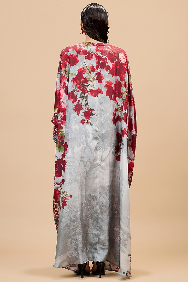 Red & Pale Grey Silk Printed Kaftan by Rajdeep Ranawat at Pernia's Pop Up Shop
