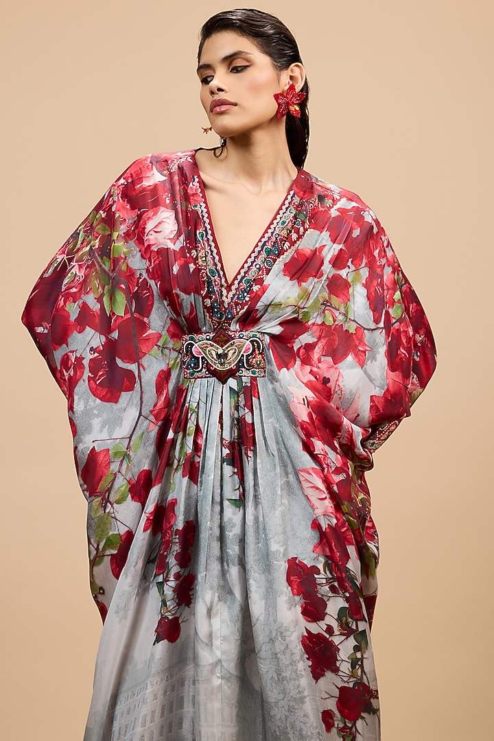 Red & Pale Grey Silk Printed Kaftan by Rajdeep Ranawat at Pernia's Pop Up Shop