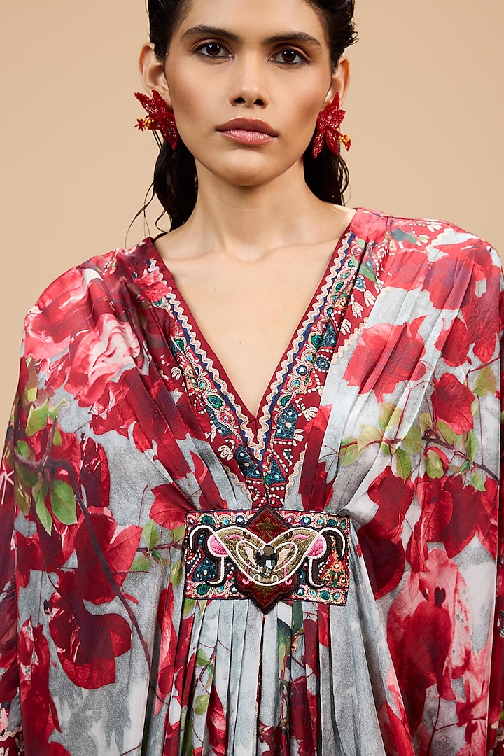 Red & Pale Grey Silk Printed Kaftan by Rajdeep Ranawat at Pernia's Pop Up Shop