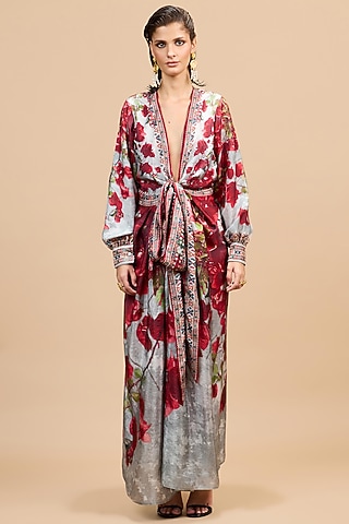 Red & Pale Grey Silk Printed Maxi Dress by Rajdeep Ranawat