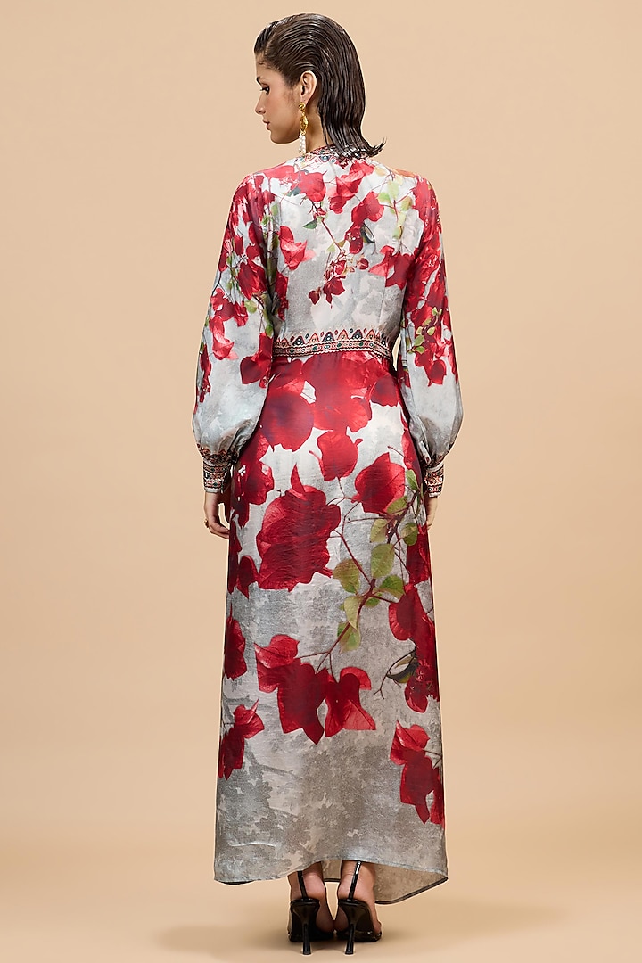 Red & Pale Grey Silk Printed Maxi Cocktail Dress by Rajdeep Ranawat at Pernia's Pop Up Shop