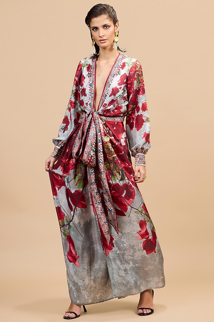 Red & Pale Grey Silk Printed Maxi Cocktail Dress by Rajdeep Ranawat at Pernia's Pop Up Shop