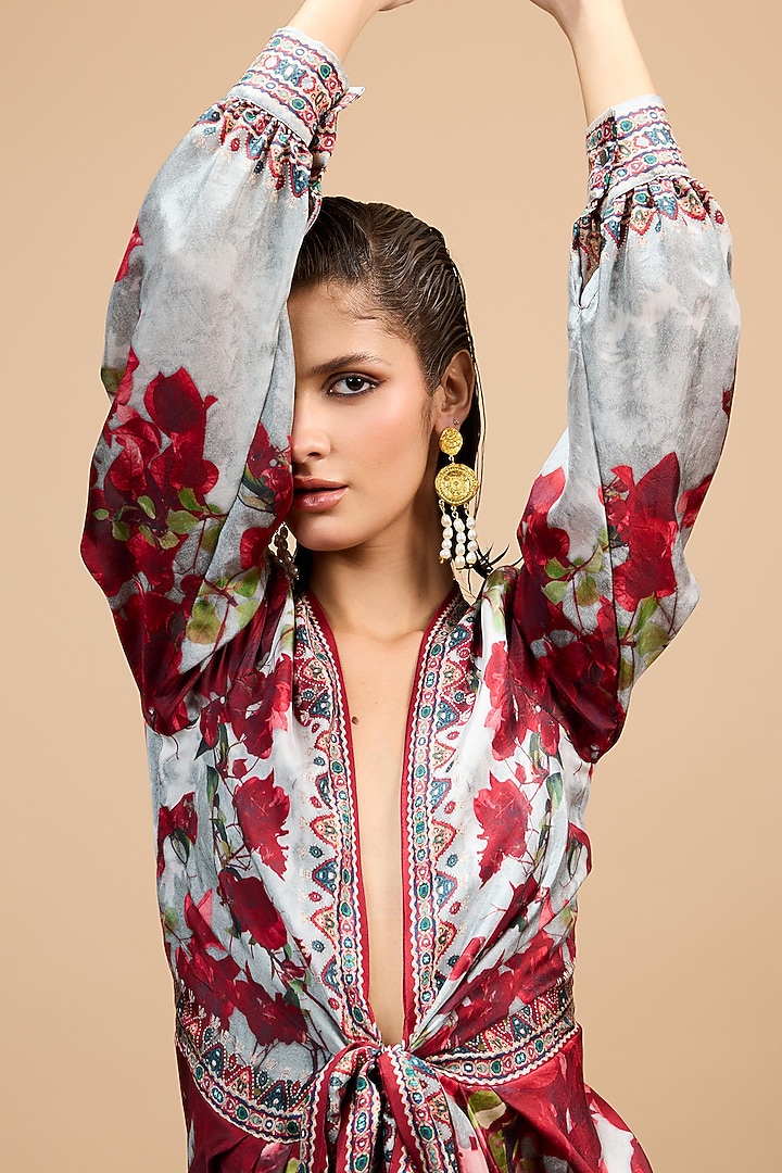 Red & Pale Grey Silk Printed Maxi Cocktail Dress by Rajdeep Ranawat at Pernia's Pop Up Shop