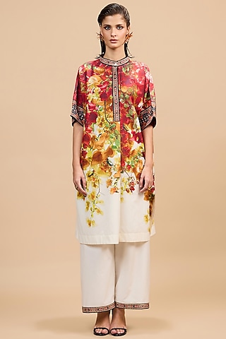 Red & Rust Gold Cotton Silk Printed Kurta Set by Rajdeep Ranawat