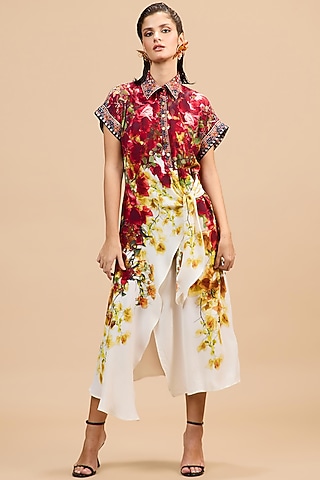 Red & Rust Gold Silk Printed Midi Dress by Rajdeep Ranawat