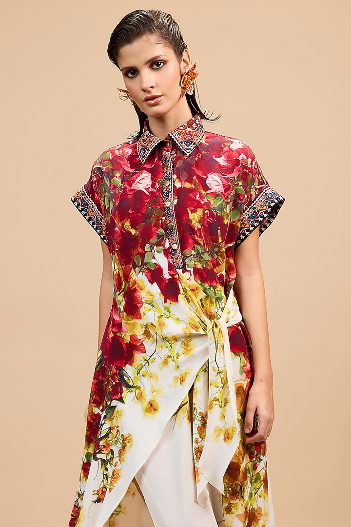Red & Rust Gold Silk Printed Midi Vacation Dress by Rajdeep Ranawat at Pernia's Pop Up Shop