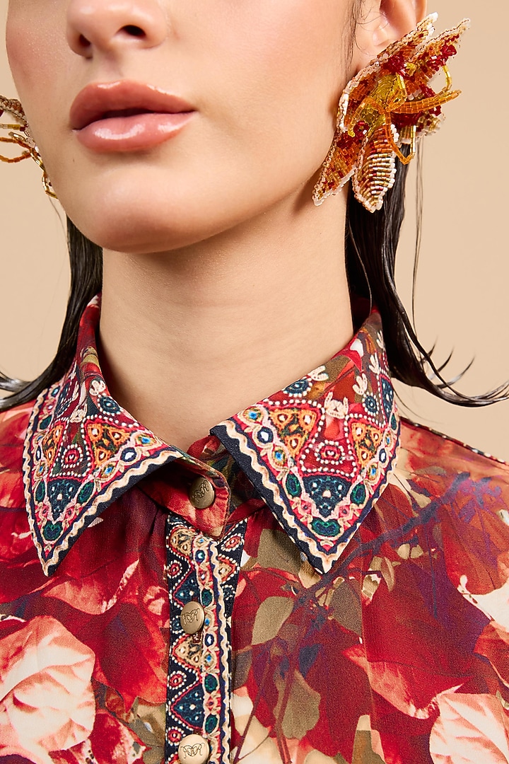 Red & Rust Gold Silk Printed Midi Vacation Dress by Rajdeep Ranawat at Pernia's Pop Up Shop