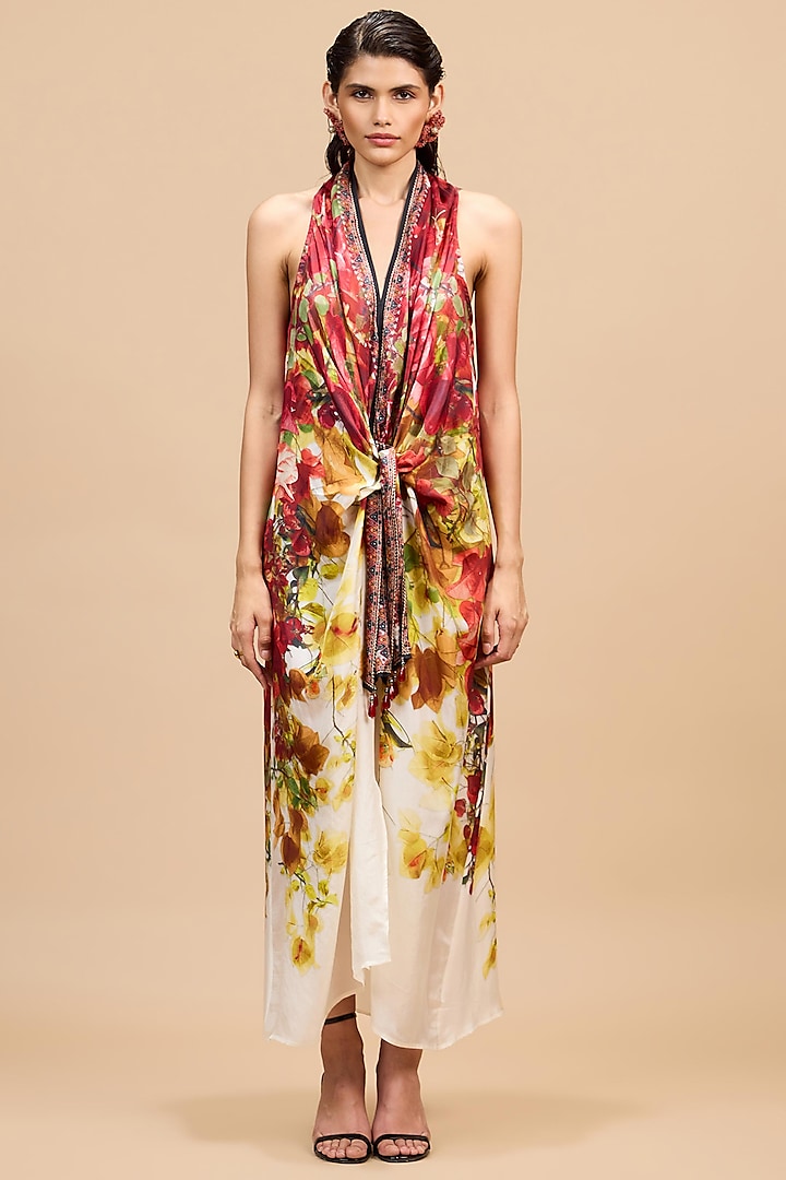 Red & Rust Gold Silk Printed Draped Cocktail Dress by Rajdeep Ranawat at Pernia's Pop Up Shop