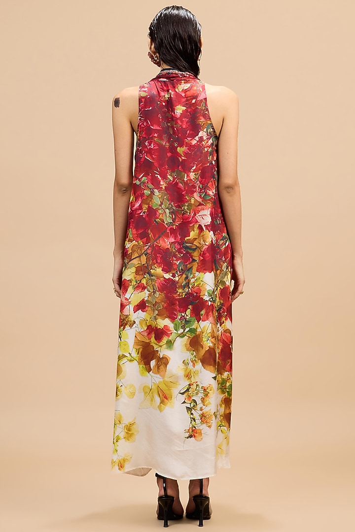 Red & Rust Gold Silk Printed Draped Cocktail Dress by Rajdeep Ranawat at Pernia's Pop Up Shop