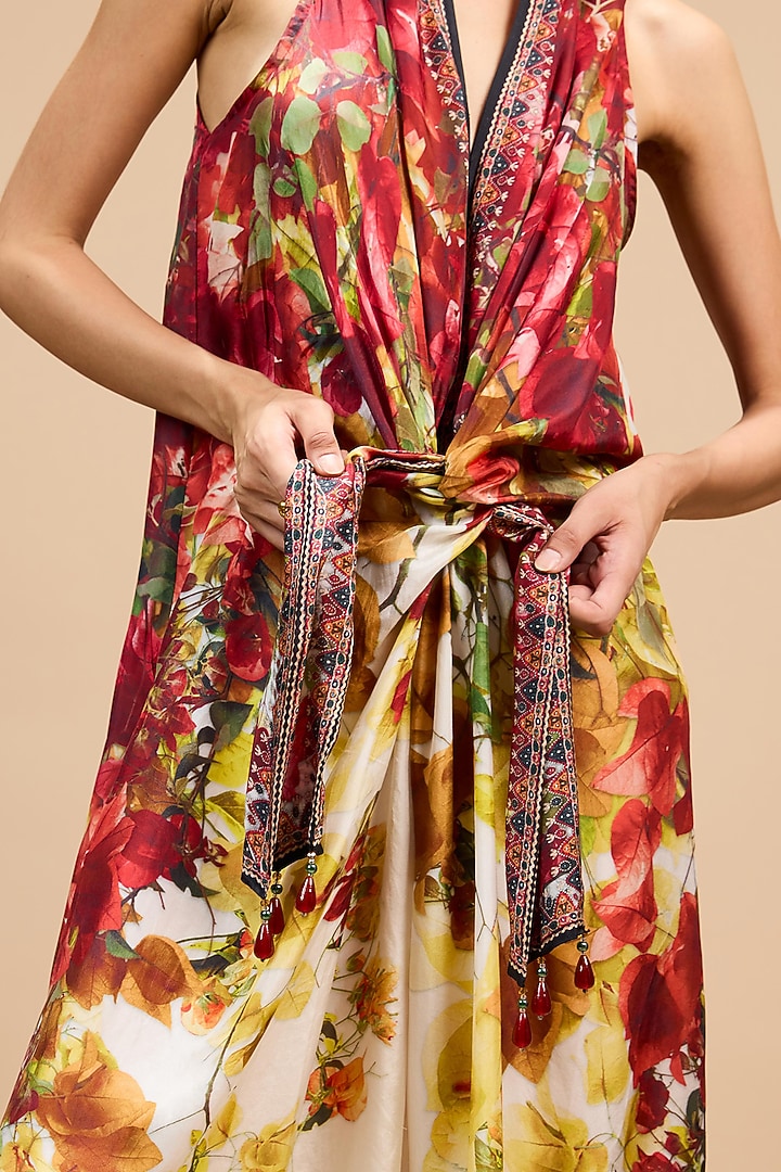 Red & Rust Gold Silk Printed Draped Cocktail Dress by Rajdeep Ranawat at Pernia's Pop Up Shop