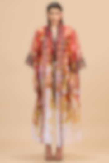 Red & Rust Gold Poly Organza Printed Kimono by Rajdeep Ranawat at Pernia's Pop Up Shop