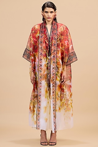 Red & Rust Gold Poly Organza Printed Kimono by Rajdeep Ranawat
