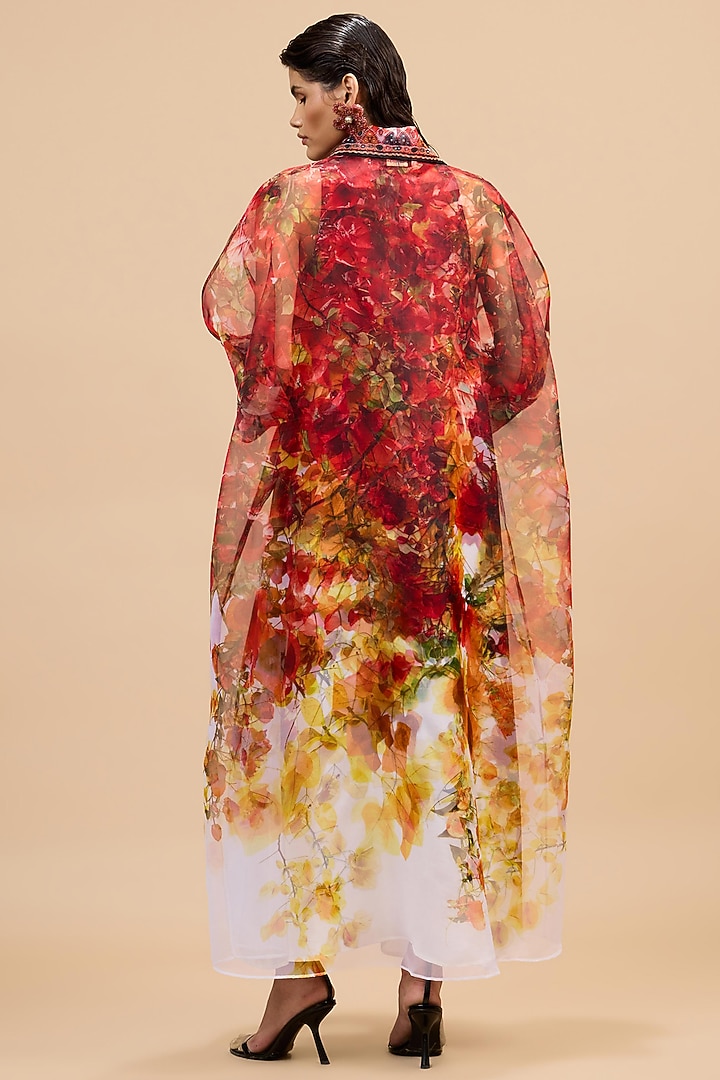 Red & Rust Gold Poly Organza Printed Kimono by Rajdeep Ranawat at Pernia's Pop Up Shop