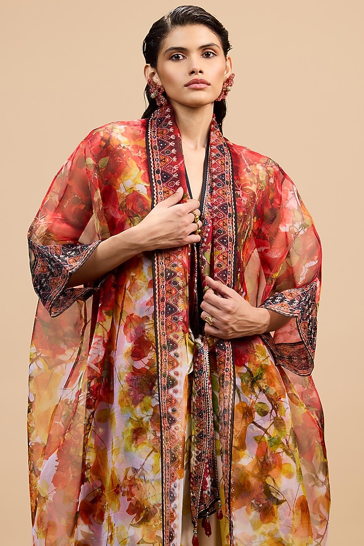 Red & Rust Gold Poly Organza Printed Kimono by Rajdeep Ranawat at Pernia's Pop Up Shop
