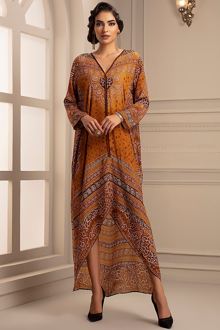 Mustard Silk Digital Printed Draped Maxi Dress by Rajdeep Ranawat at Pernia's Pop Up Shop