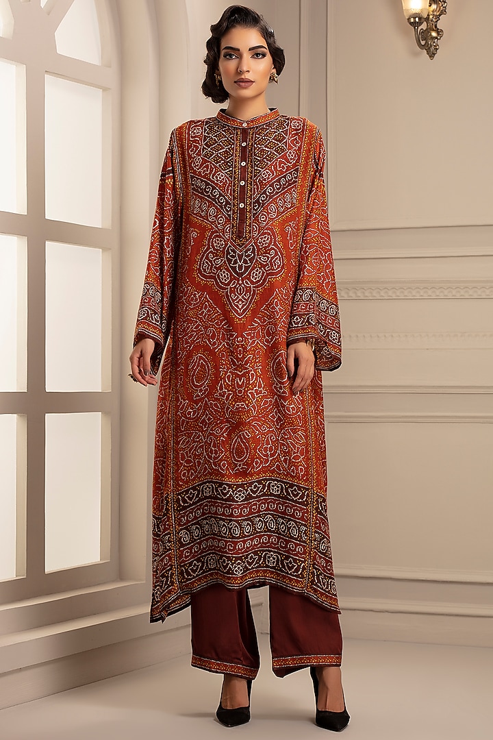 Rust Orange Printed Tunic With Pants by Rajdeep Ranawat