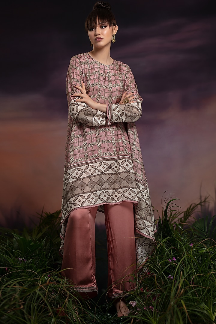 Dusty Rose Printed Tunic With Pants by Rajdeep Ranawat