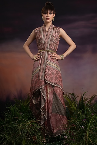 Dusty Rose Printed Skirt Set by Rajdeep Ranawat