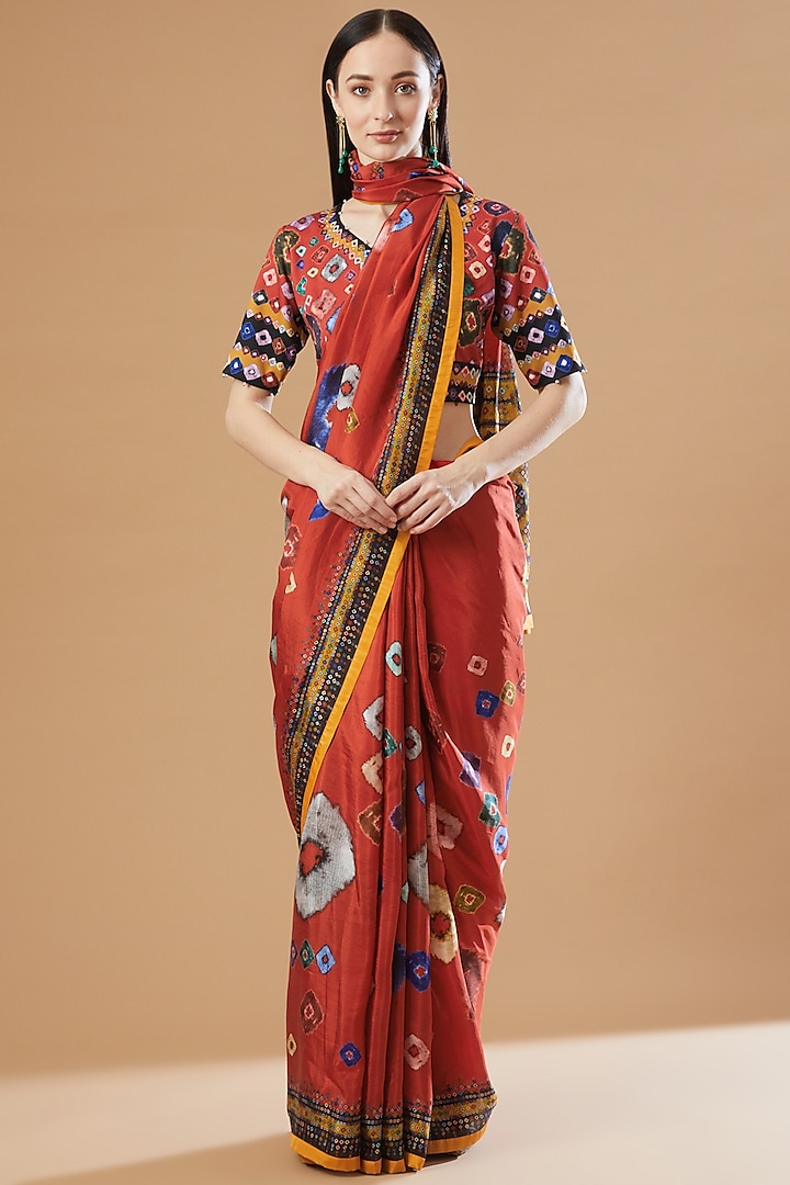 Red Silk Abstract Printed Saree Set by Rajdeep Ranawat