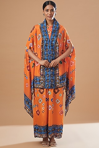 Orange Printed Jacket Set by Rajdeep Ranawat