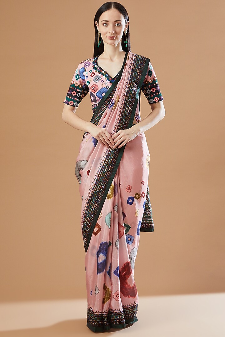 Blush Pink Printed Saree Set by Rajdeep Ranawat
