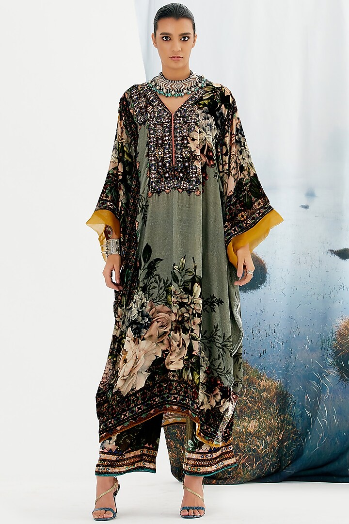 Sage Green Embroidered Kaftan Dress by Rajdeep Ranawat