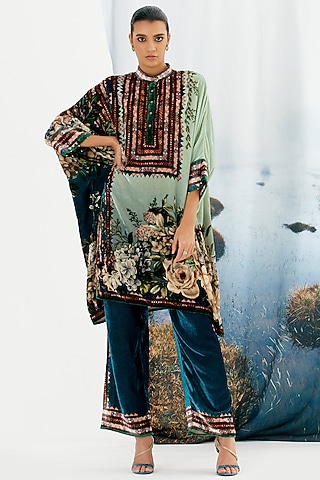 Turquoise Velvet Printed Pants by Rajdeep Ranawat