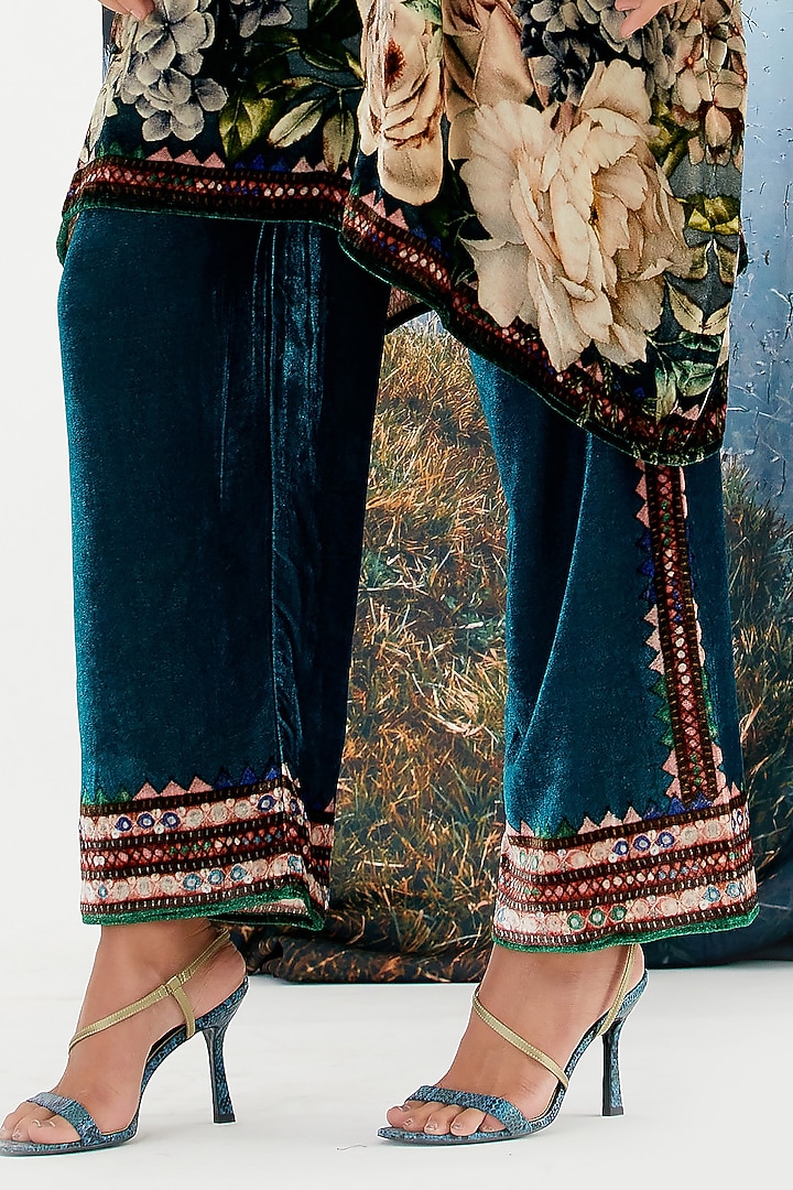 Turquoise Velvet Printed Pants by Rajdeep Ranawat at Pernia's Pop Up Shop