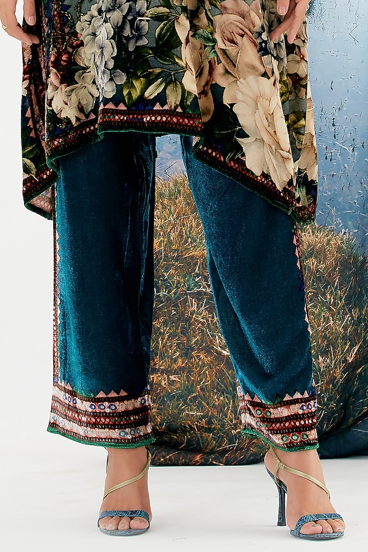 Turquoise Velvet Printed Pants by Rajdeep Ranawat at Pernia's Pop Up Shop