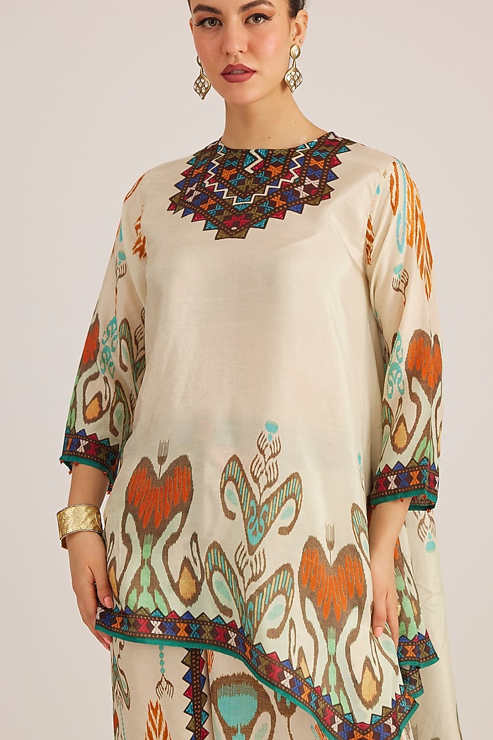 Vanilla Silk Printed Flared Tunic by Rajdeep Ranawat at Pernia's Pop Up Shop