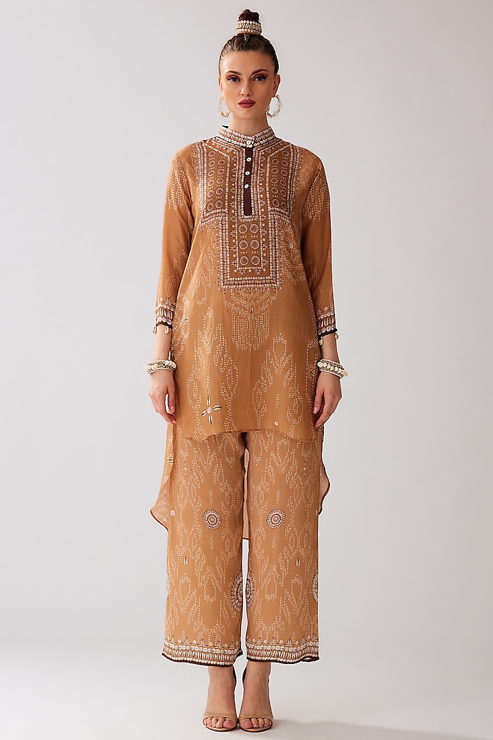 Caramel Silk Printed High-Low Tunic by Rajdeep Ranawat