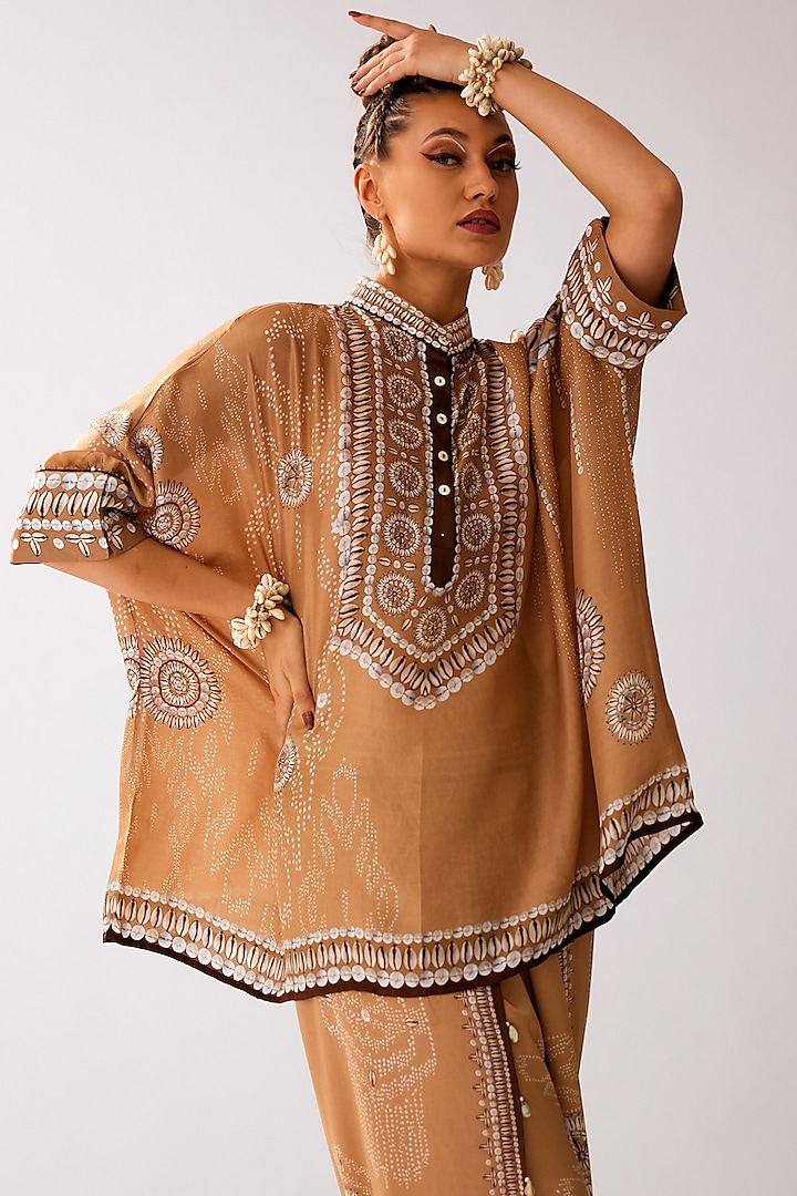 Caramel Silk Printed Tunic by Rajdeep Ranawat