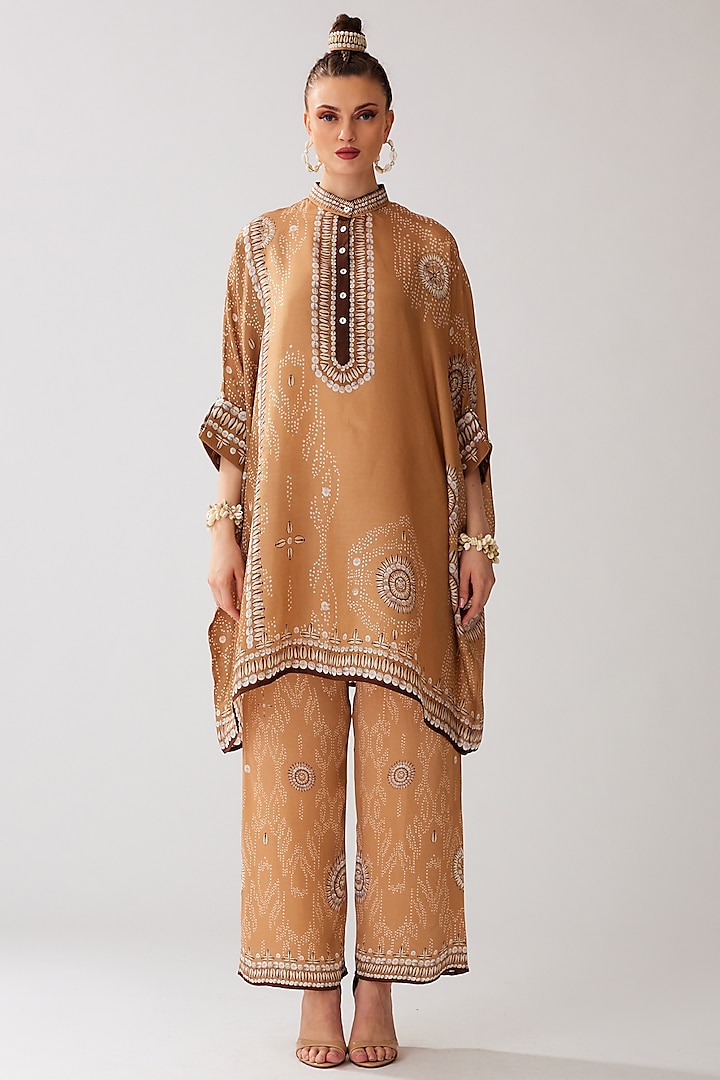 Caramel Silk Printed Tunic by Rajdeep Ranawat