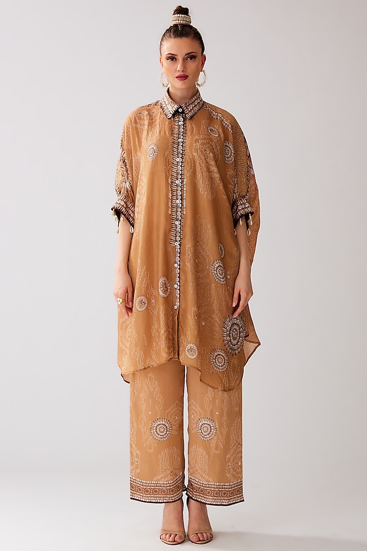 Caramel Silk Printed Shirt by Rajdeep Ranawat at Pernia's Pop Up Shop