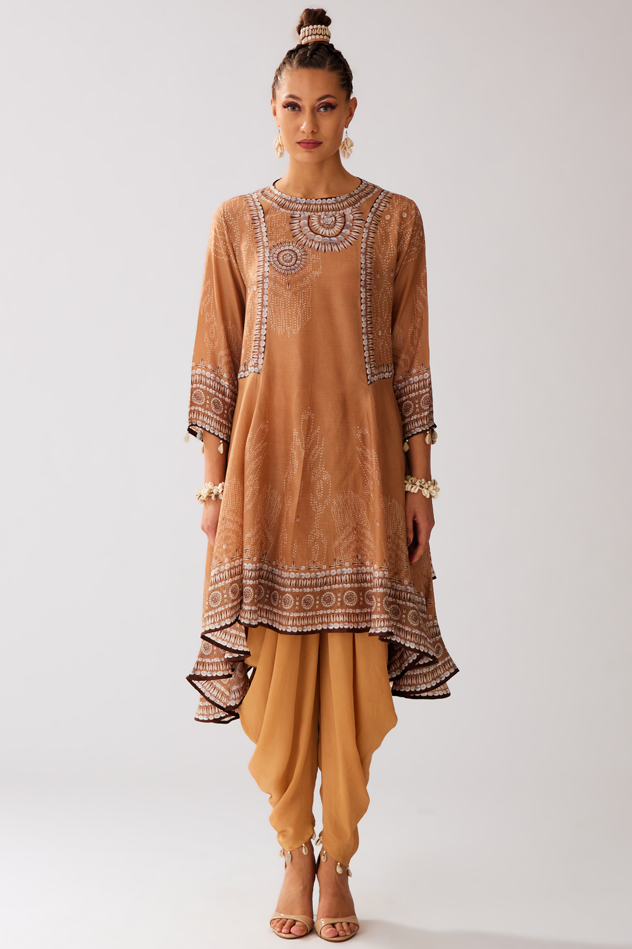 Caramel Modal Satin Printed Dhoti Pants by Rajdeep Ranawat at Pernia's Pop Up Shop