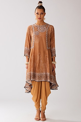 Caramel Modal Satin Printed Dhoti Pants by Rajdeep Ranawat