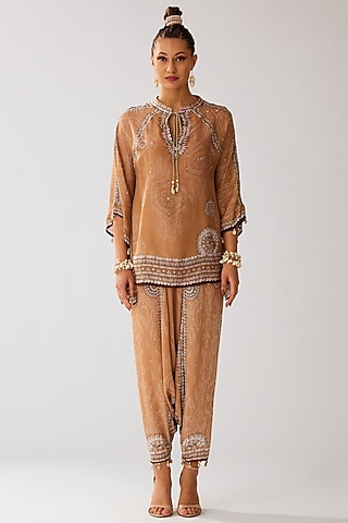 Caramel Modal Satin Printed Turkish Pants by Rajdeep Ranawat