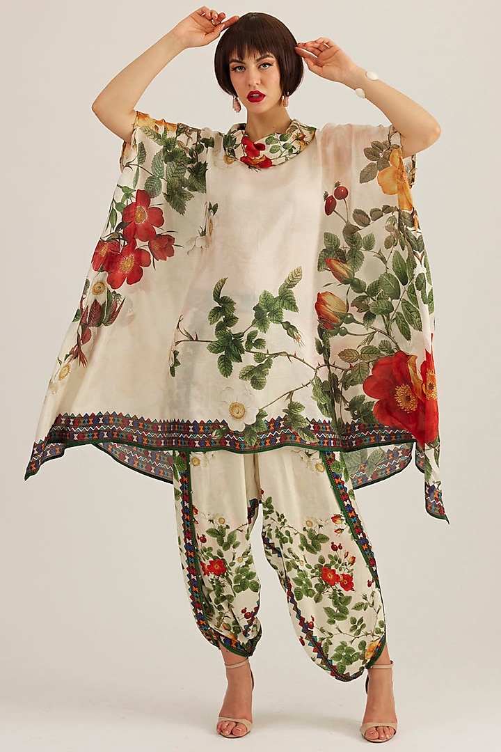 Ivory & Emerald Satin Printed Dhoti Pants by Rajdeep Ranawat at Pernia's Pop Up Shop