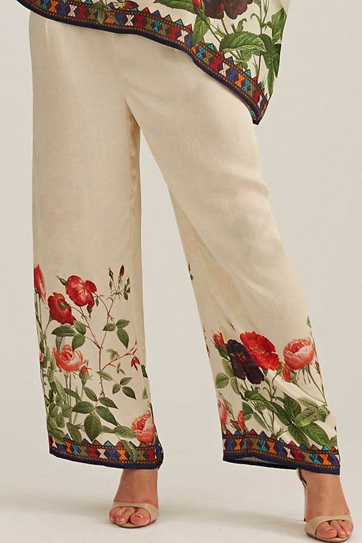 Eggshell & Navy Satin Printed Pants by Rajdeep Ranawat at Pernia's Pop Up Shop