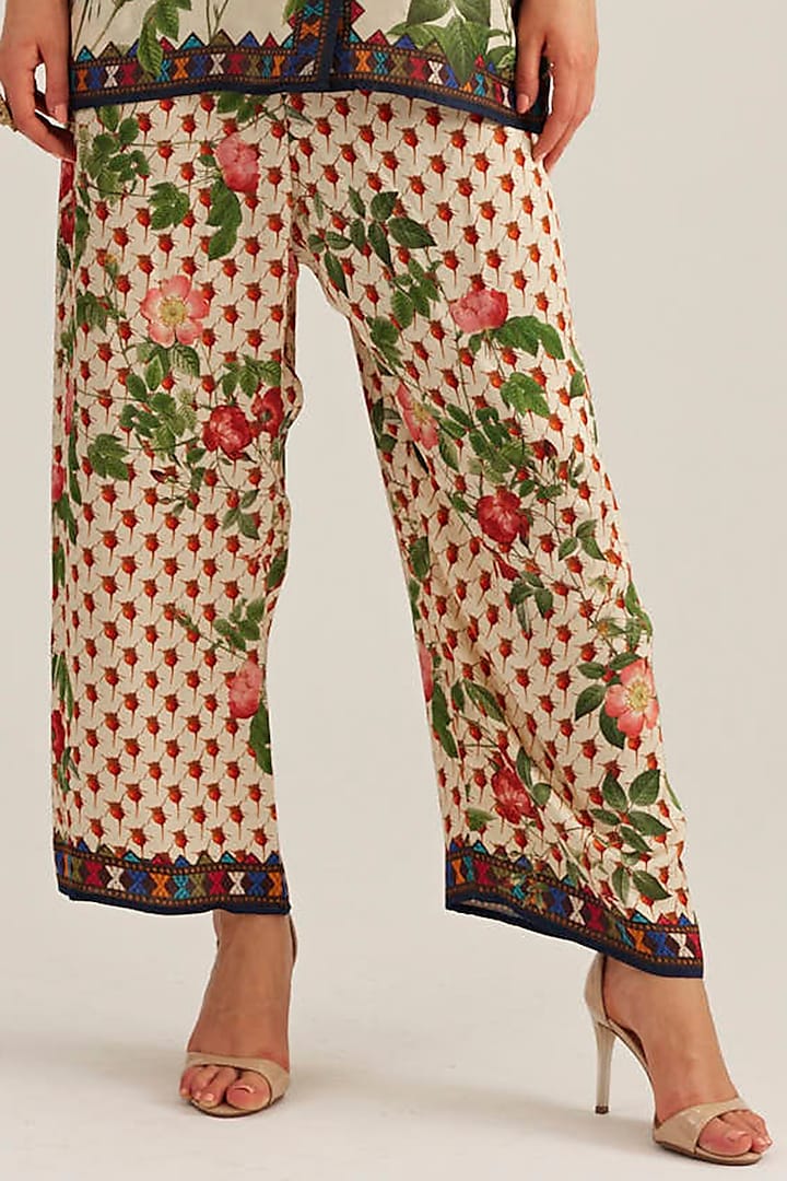 Eggshell & Navy Satin Printed Pants by Rajdeep Ranawat at Pernia's Pop Up Shop