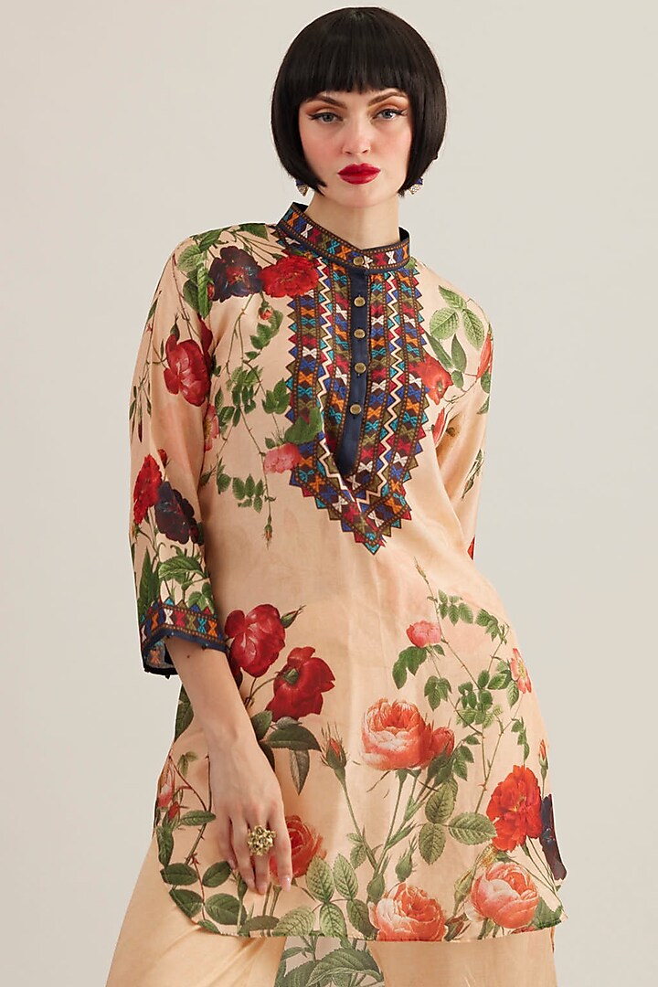 Pale Rose Silk Printed High-Low Tunic by Rajdeep Ranawat at Pernia's Pop Up Shop