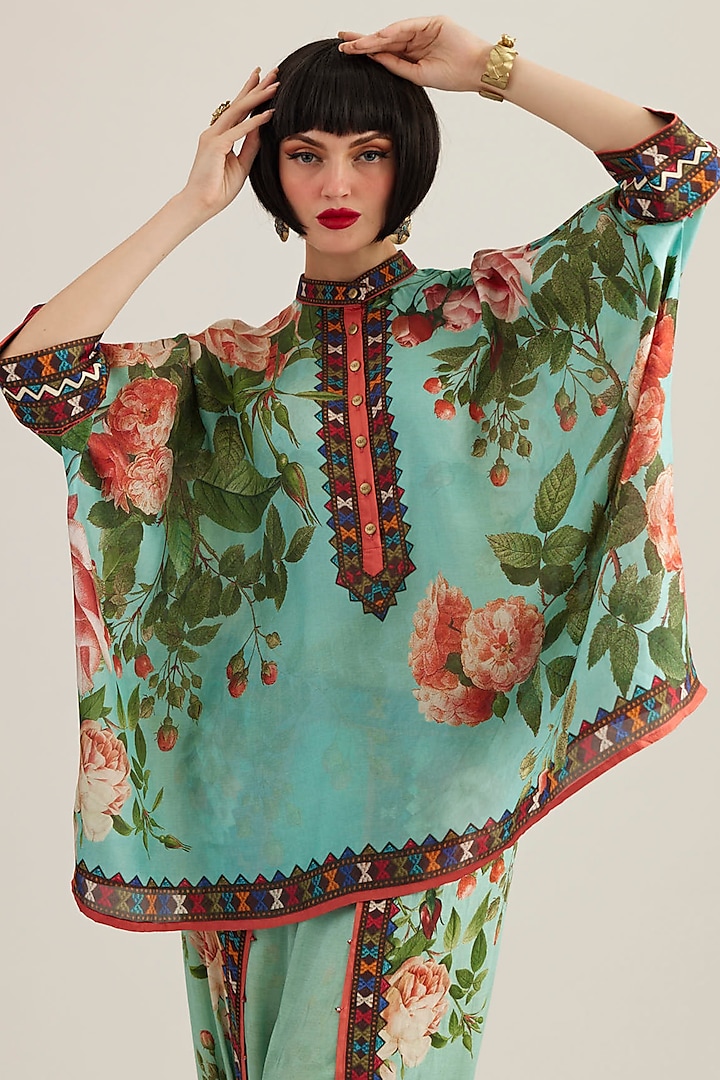Aqua Silk Printed Tunic by Rajdeep Ranawat