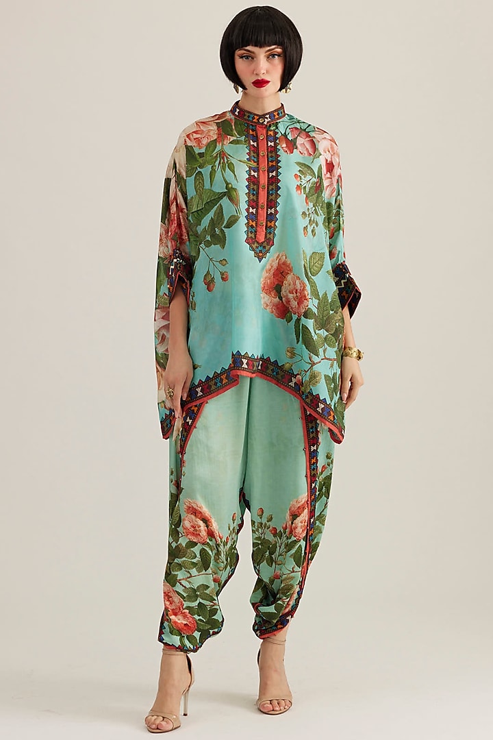 Aqua Satin Printed Dhoti Pants by Rajdeep Ranawat at Pernia's Pop Up Shop