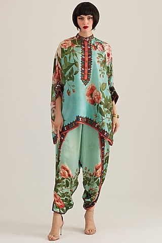 Aqua Satin Printed Dhoti Pants by Rajdeep Ranawat