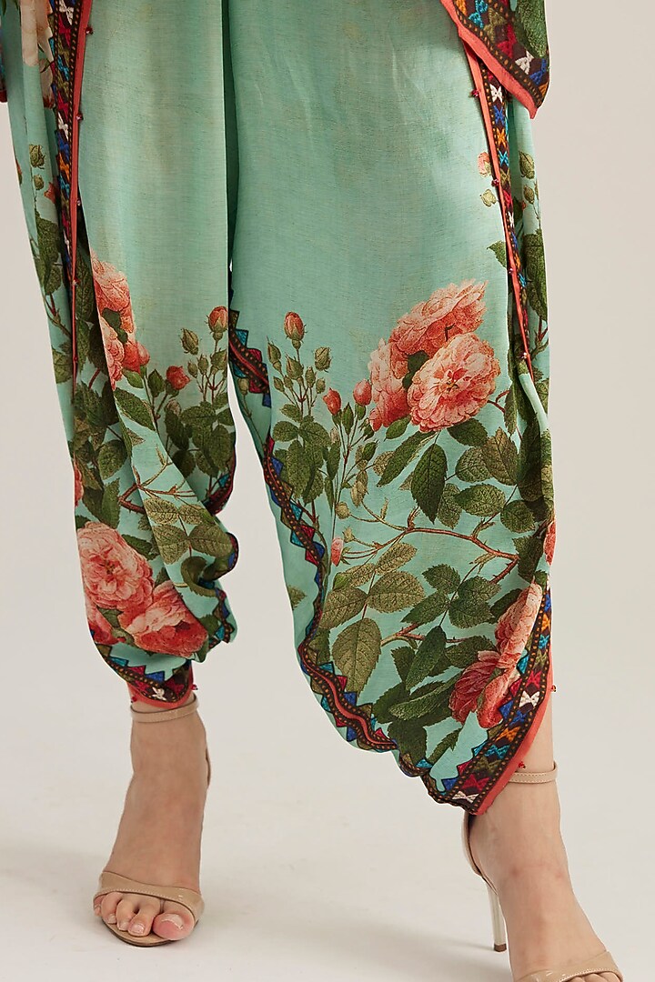 Aqua Satin Printed Dhoti Pants by Rajdeep Ranawat at Pernia's Pop Up Shop