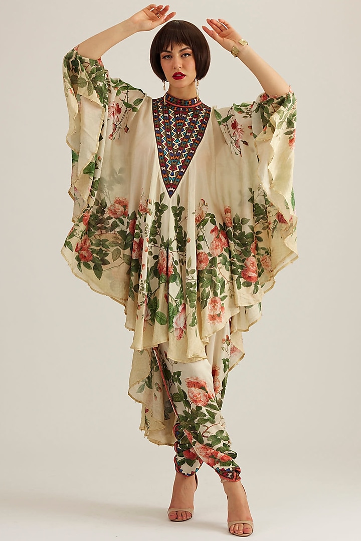 Pearl Rose Silk Printed Draped Tunic by Rajdeep Ranawat
