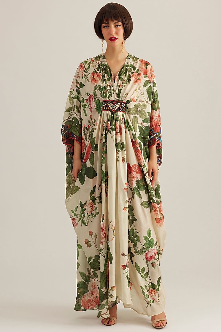 Pearl Rose Silk Printed Kaftan by Rajdeep Ranawat at Pernia's Pop Up Shop