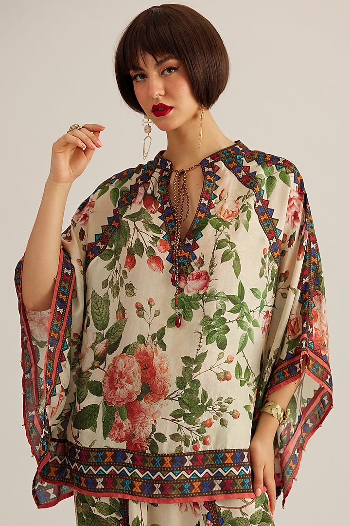 Pearl Rose Silk Printed Poncho Top by Rajdeep Ranawat at Pernia's Pop Up Shop