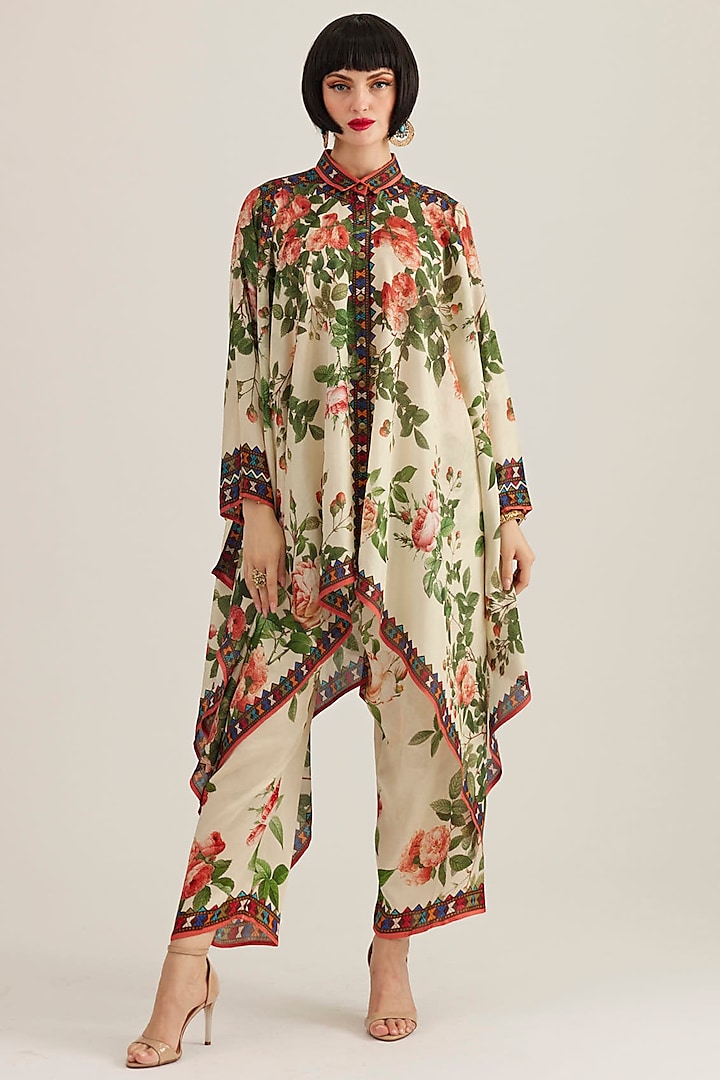 Pearl Rose Silk Printed Kaftan Shirt by Rajdeep Ranawat at Pernia's Pop Up Shop