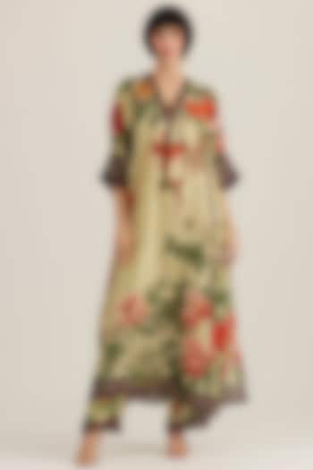 Beige Silk Printed Kimono Tunic by Rajdeep Ranawat